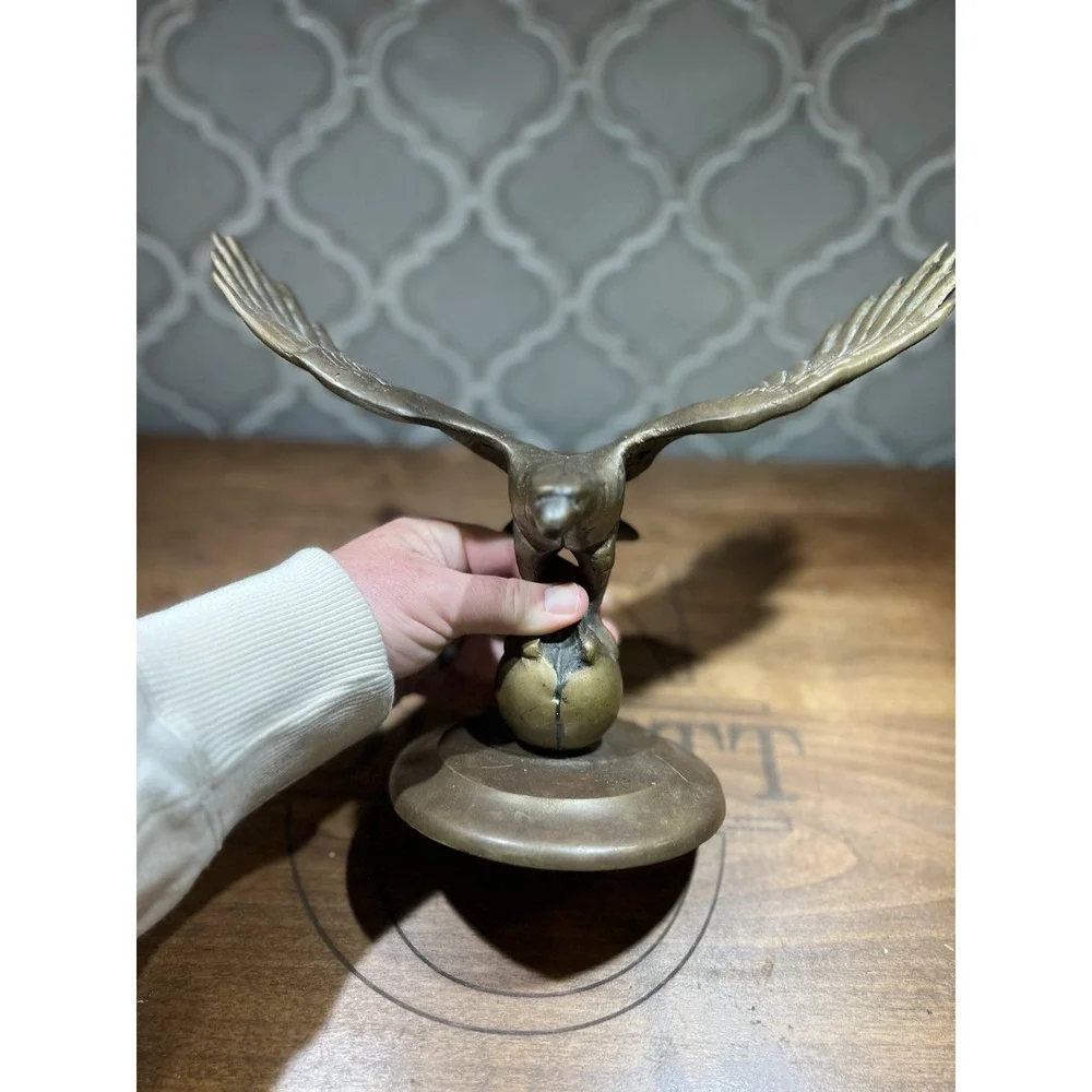 Solid Brass Eagle Perched On Ball Very Heavy About 5 Pounds Great Patina Vintage